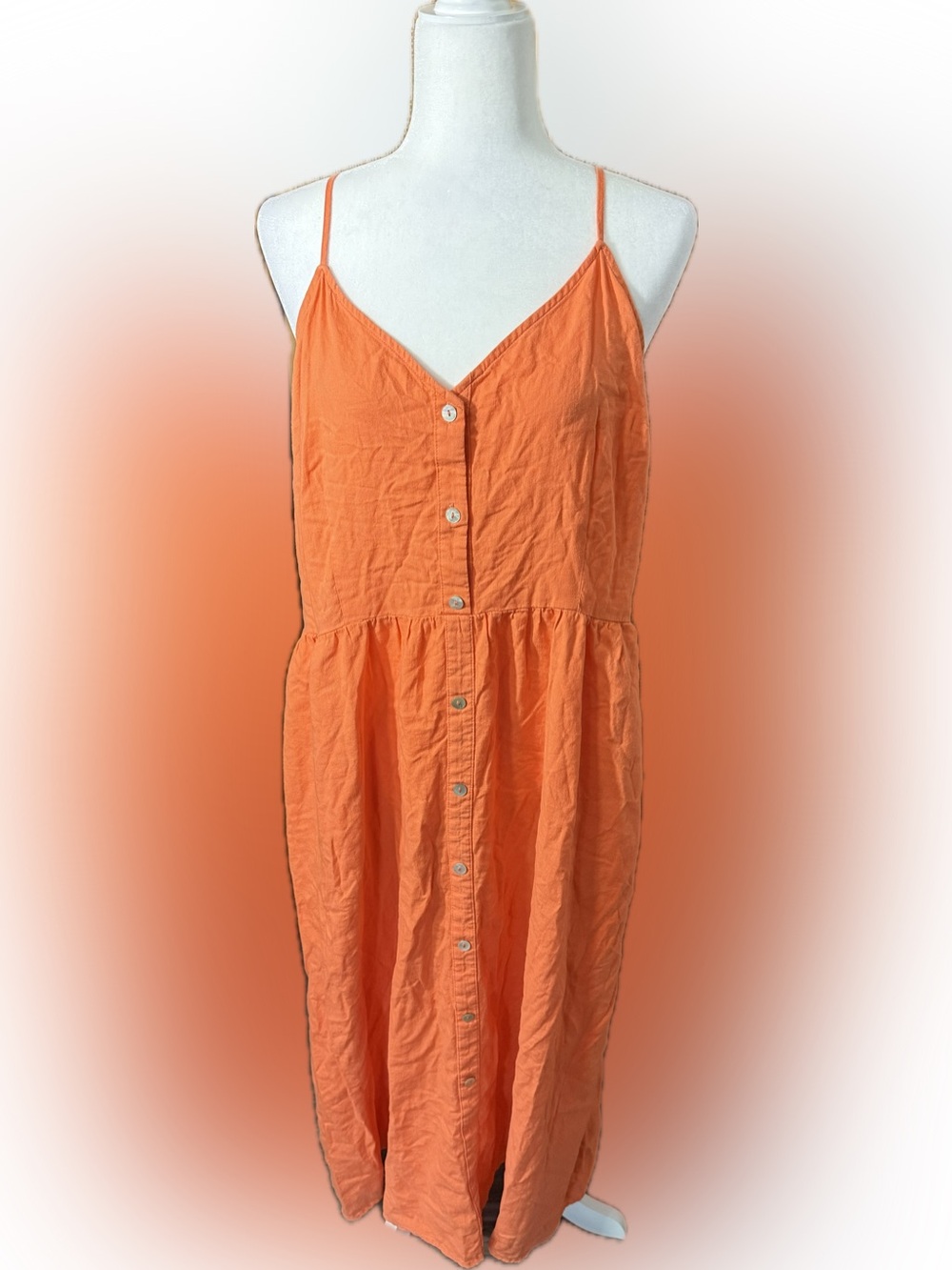 Orange Button-Front Spaghetti Strap Dress